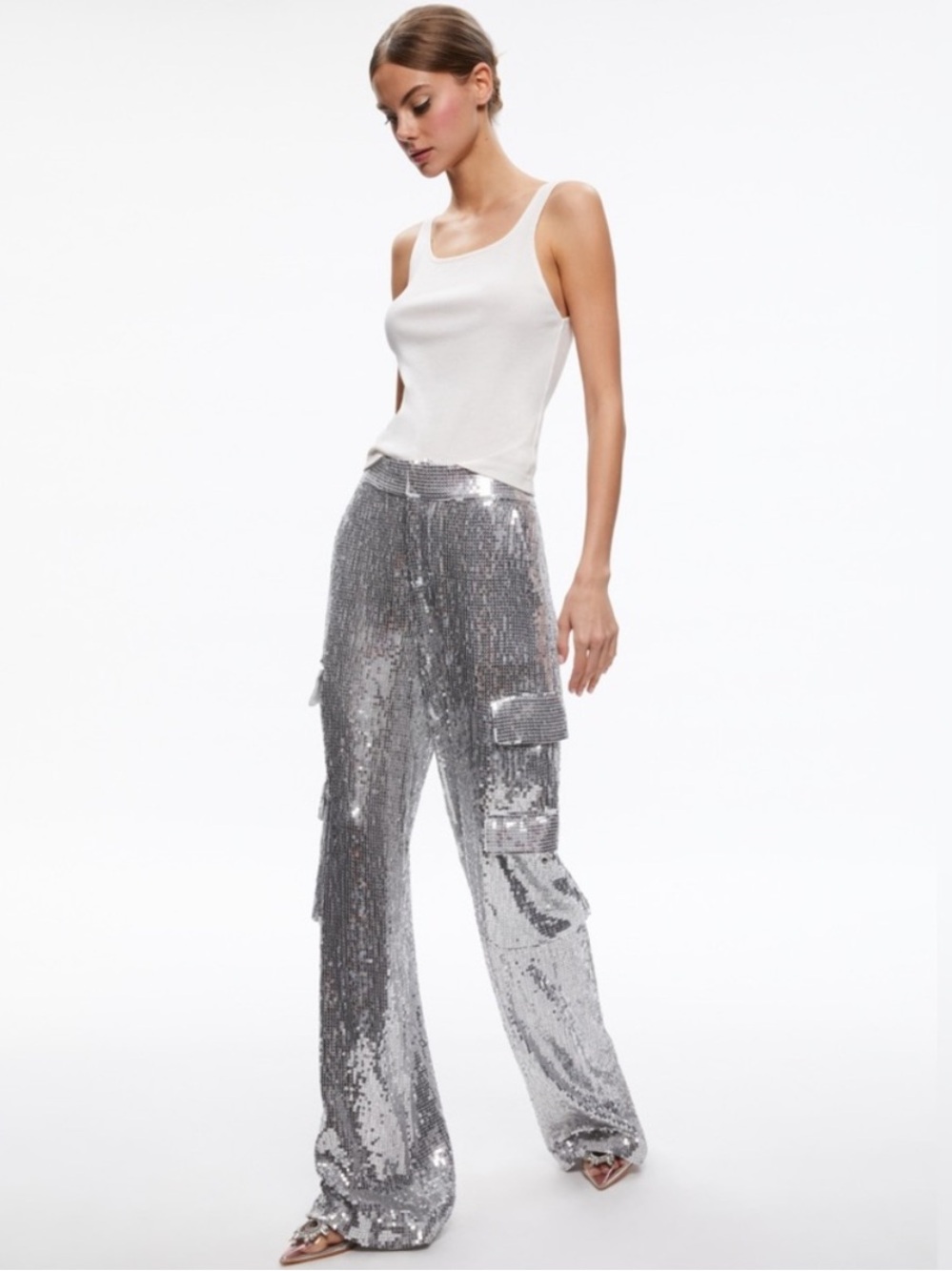 Alice Olivia Hayes Sequin Embellished Wide Leg Cargo Pants In Silver Size 2